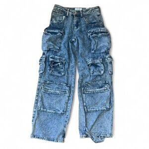 Rise Women's Medium Wash Cargo Denim Jeans with Multiple Pockets Utility SZ 5